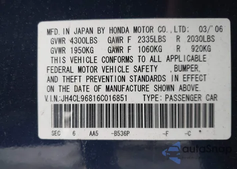 2006 Acura Tsx from USA, damaged, VIN JH4CL96816C016851